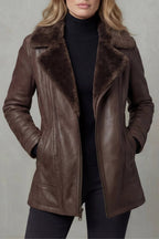 Women's Plush-Collar Leather-Style Jacket with Full-Length Zip - Brown