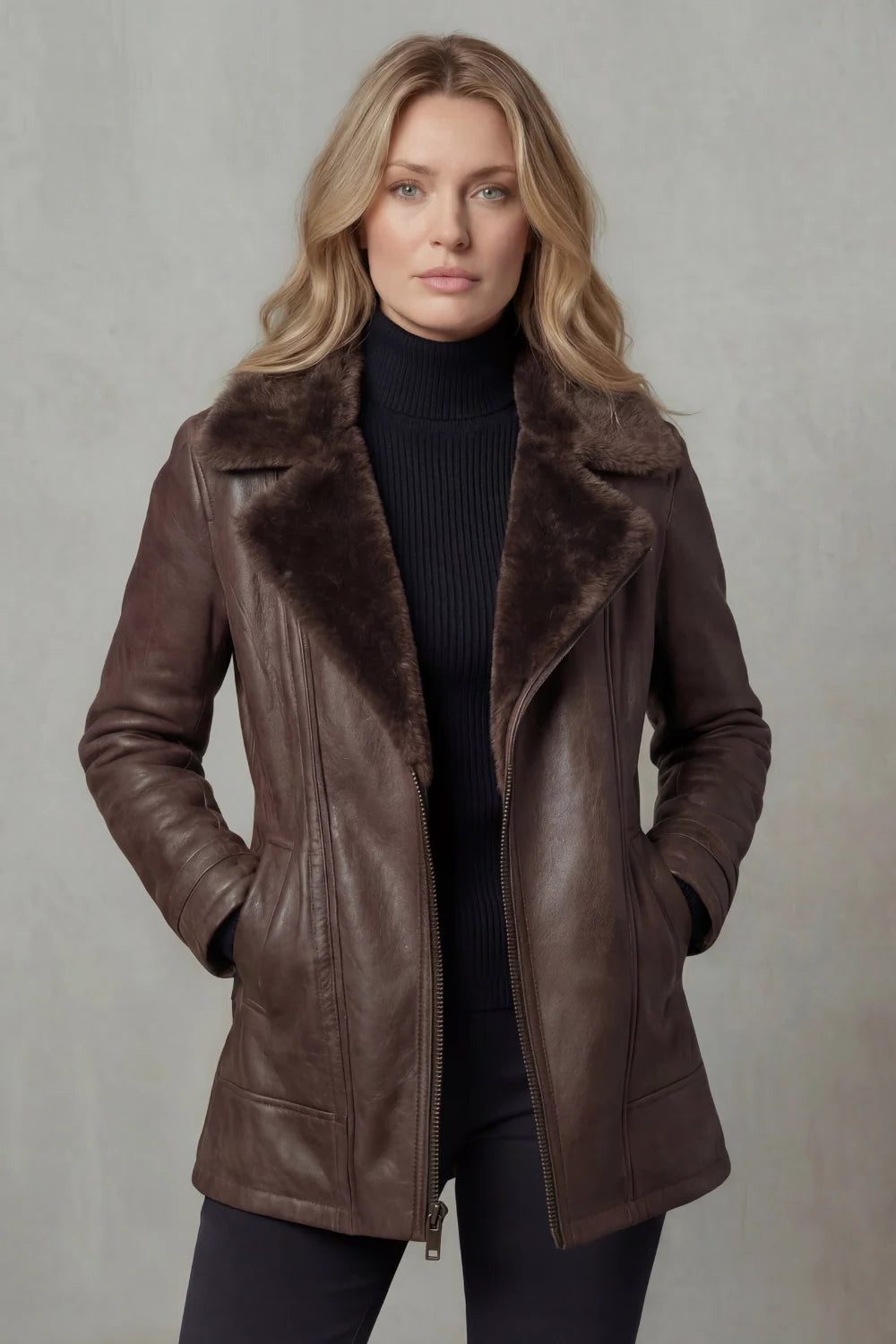 Women's Plush-Collar Leather-Style Jacket with Full-Length Zip