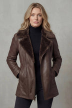 Women's Plush-Collar Leather-Style Jacket with Full-Length Zip