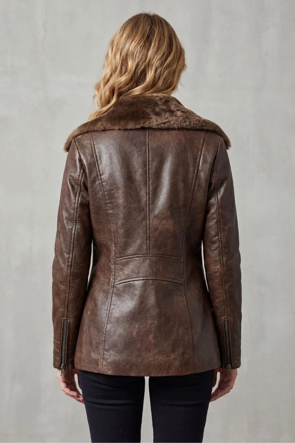 Women's Plush-Collar Leather-Style Jacket with Full-Length Zip