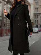 Women's Clean-Lined Double-Breasted Long Coat with Deep Pockets