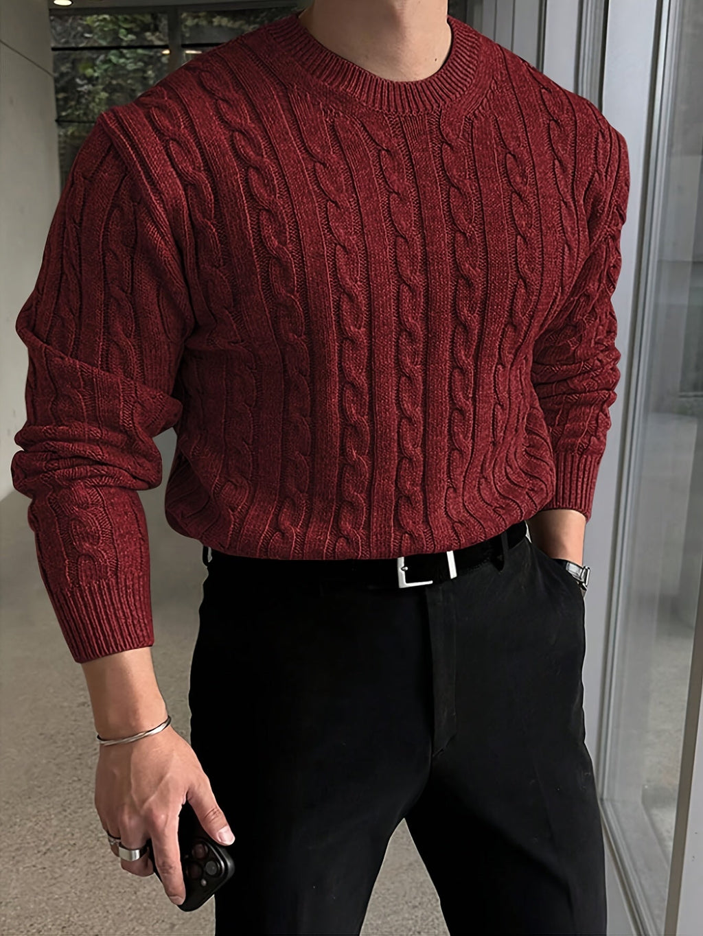 Men's Raised Cable Crew Neck Jumper for Office Layering