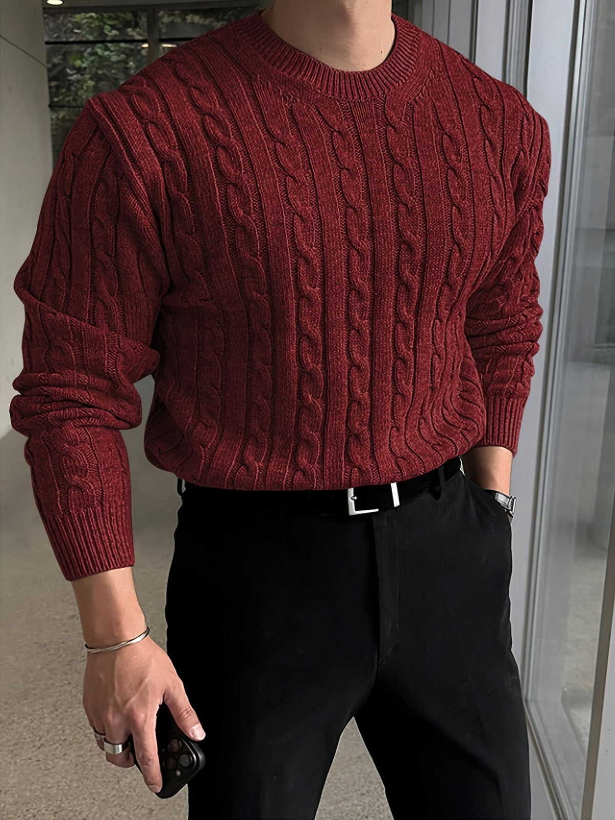 Men's Raised Cable Crew Neck Jumper for Office Layering