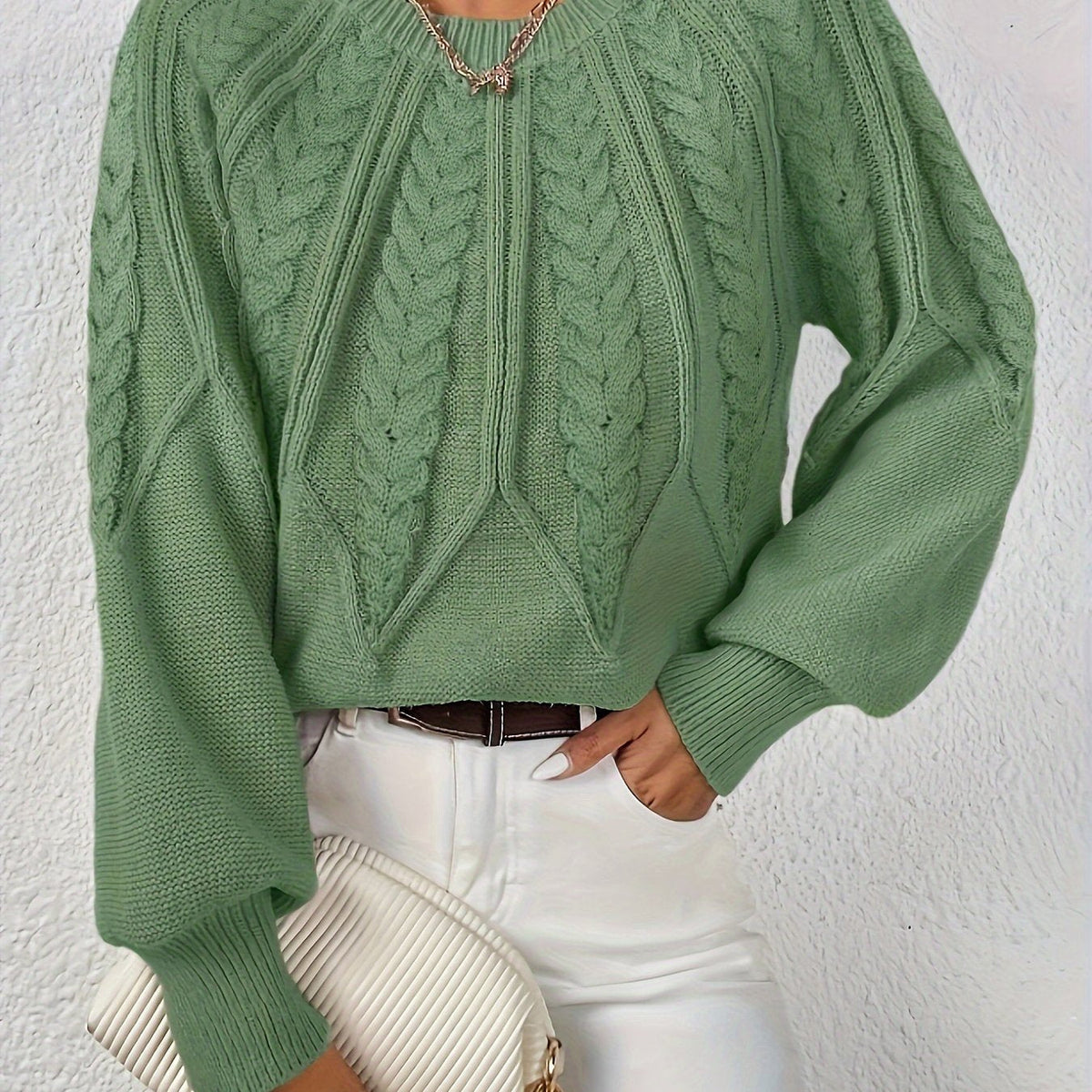 Women's Everyday Raglan Cable-Knit Jumper with Round Neckline - Matcha
