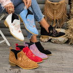 Women's Pointed V-Cut Ankle Boots with Stitched Embroidery