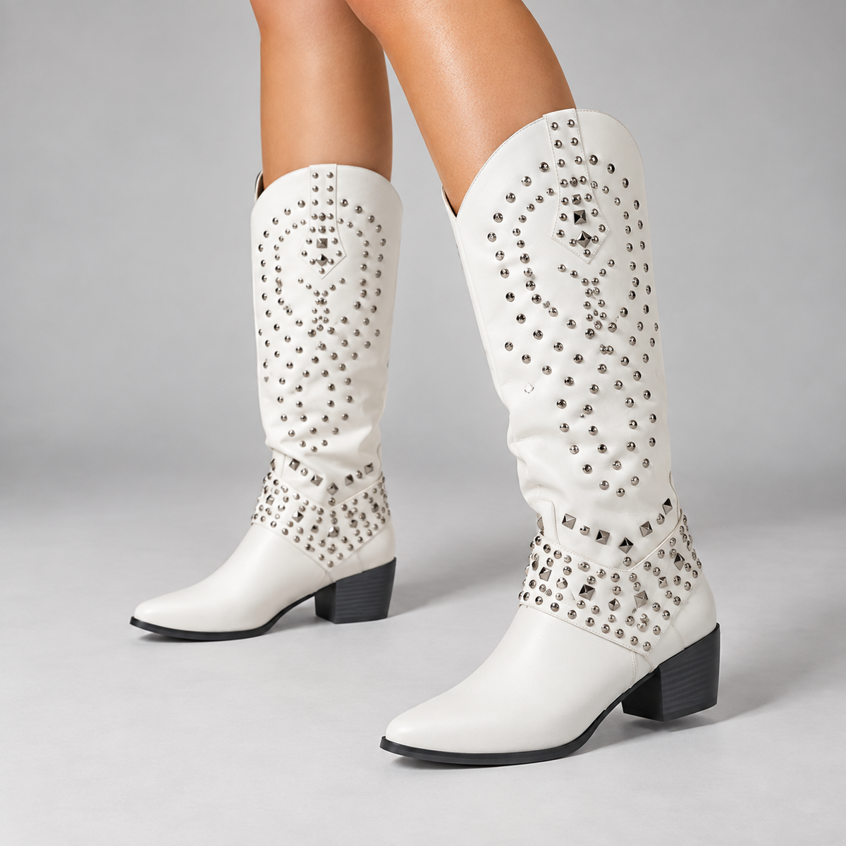 Women's Rivet-Studded Cowgirl Boots with Pointed Toe and Block Heel - White