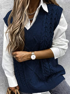 Women's Sleeveless Cable Knit Layering Slipover with V-Neck