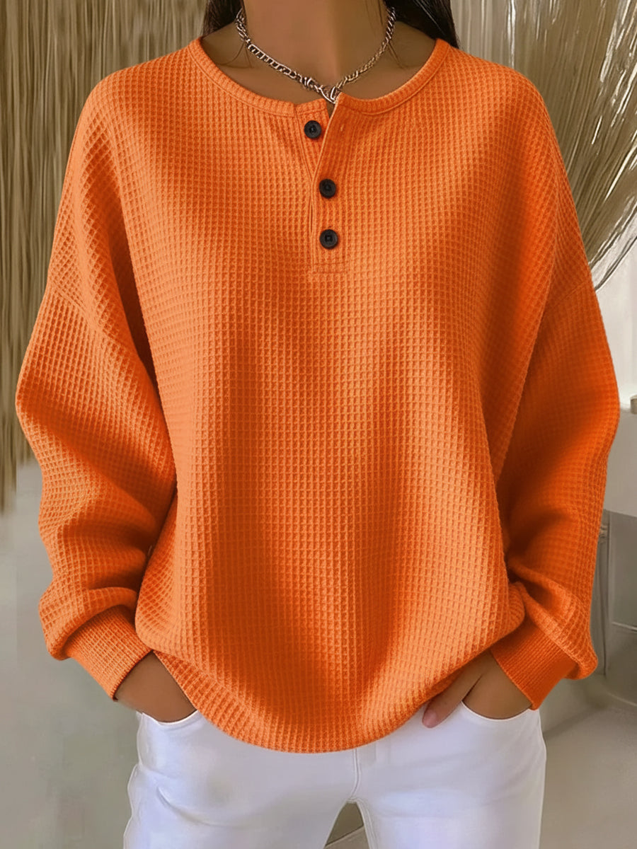 Women's Long-Sleeve Button Placket Top in a Loose Henley Cut - Orange