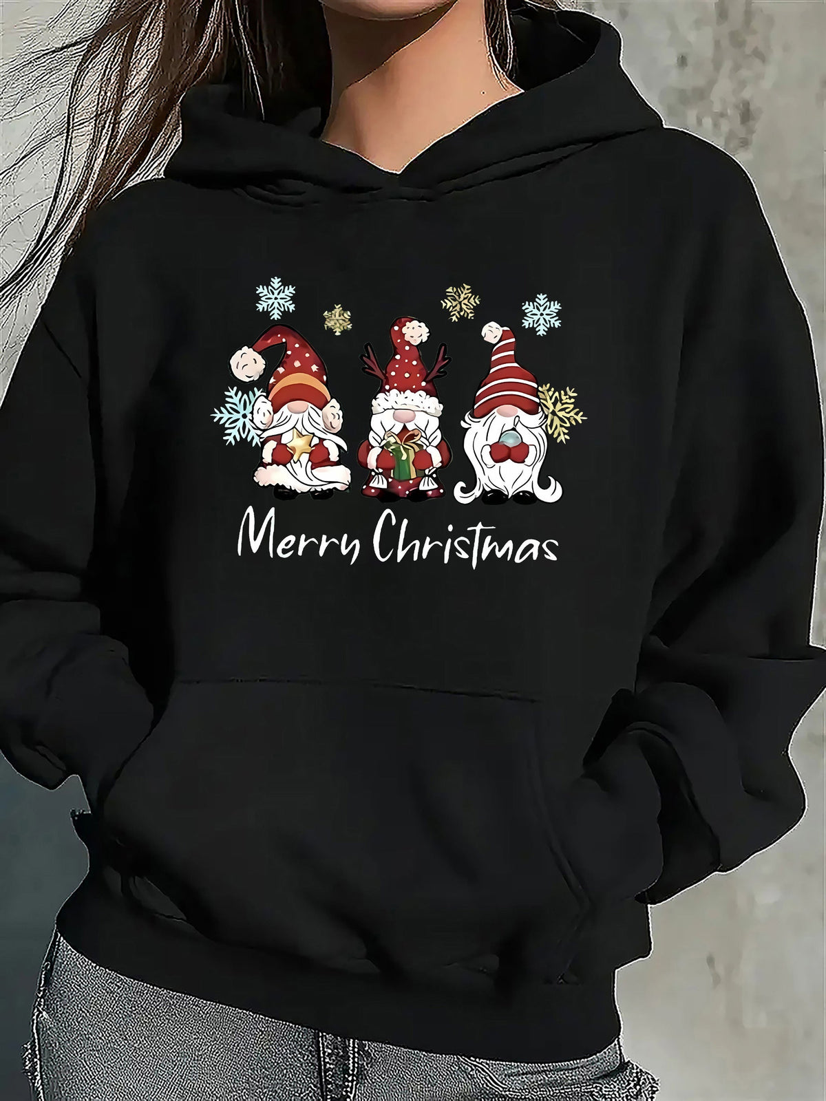Women's Gnome Print Christmas Jumper in a Soft Cotton Blend - Black