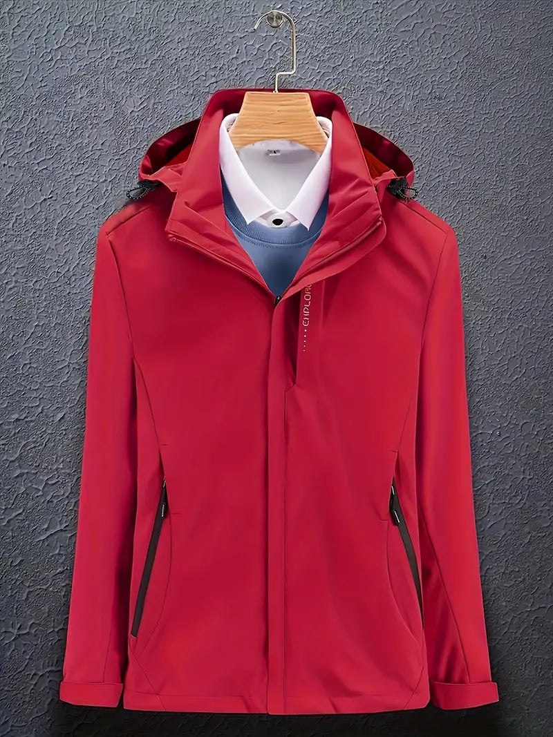 Women's Windproof Zip-Up Softshell Jacket with Hood and High Collar - Red