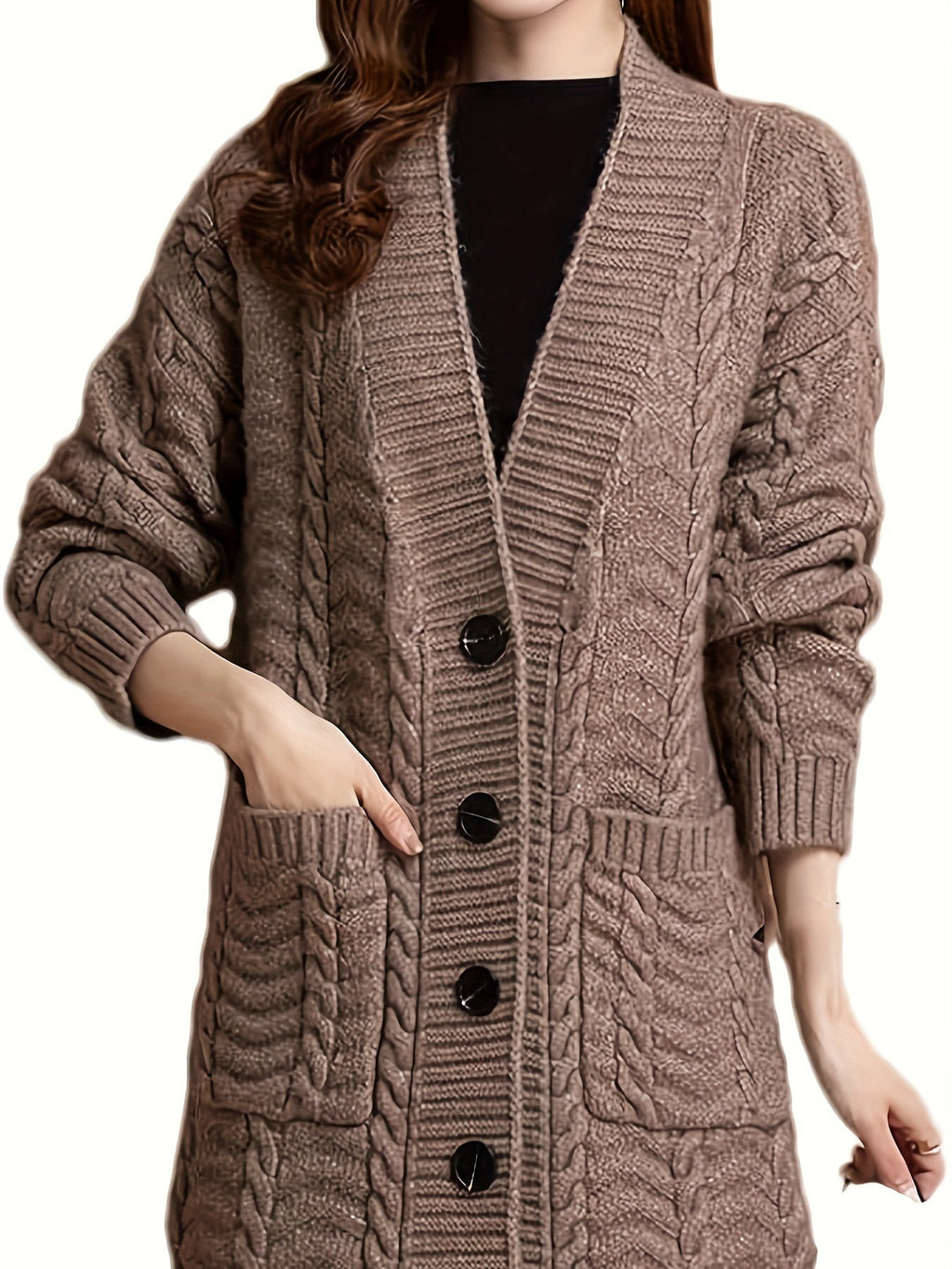 Women's Two-Pocket Cable-Knit Button Cardigan in Long Length