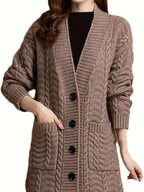 Women's Two-Pocket Cable-Knit Button Cardigan in Long Length