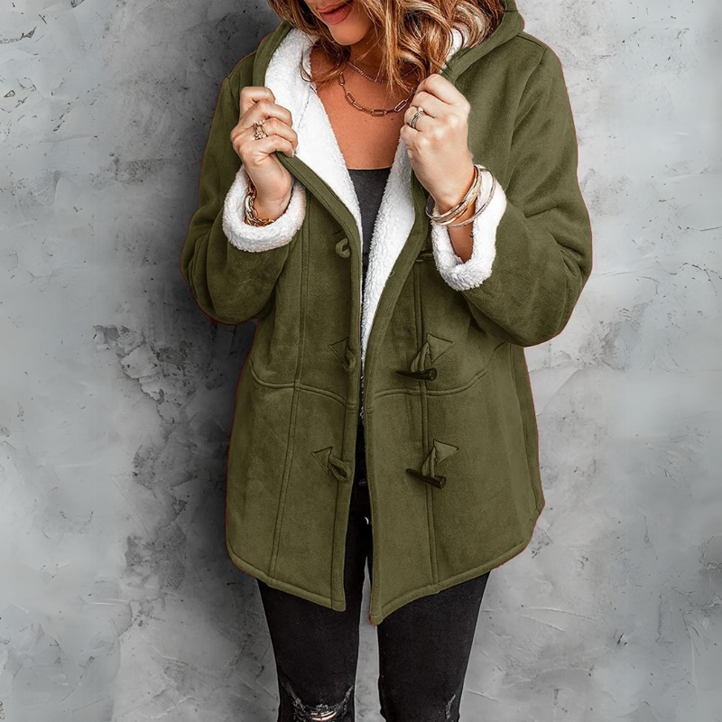 Women's Upper-Thigh Duffle Coat with Toggles and Plush-Lined Hood - Olive Green