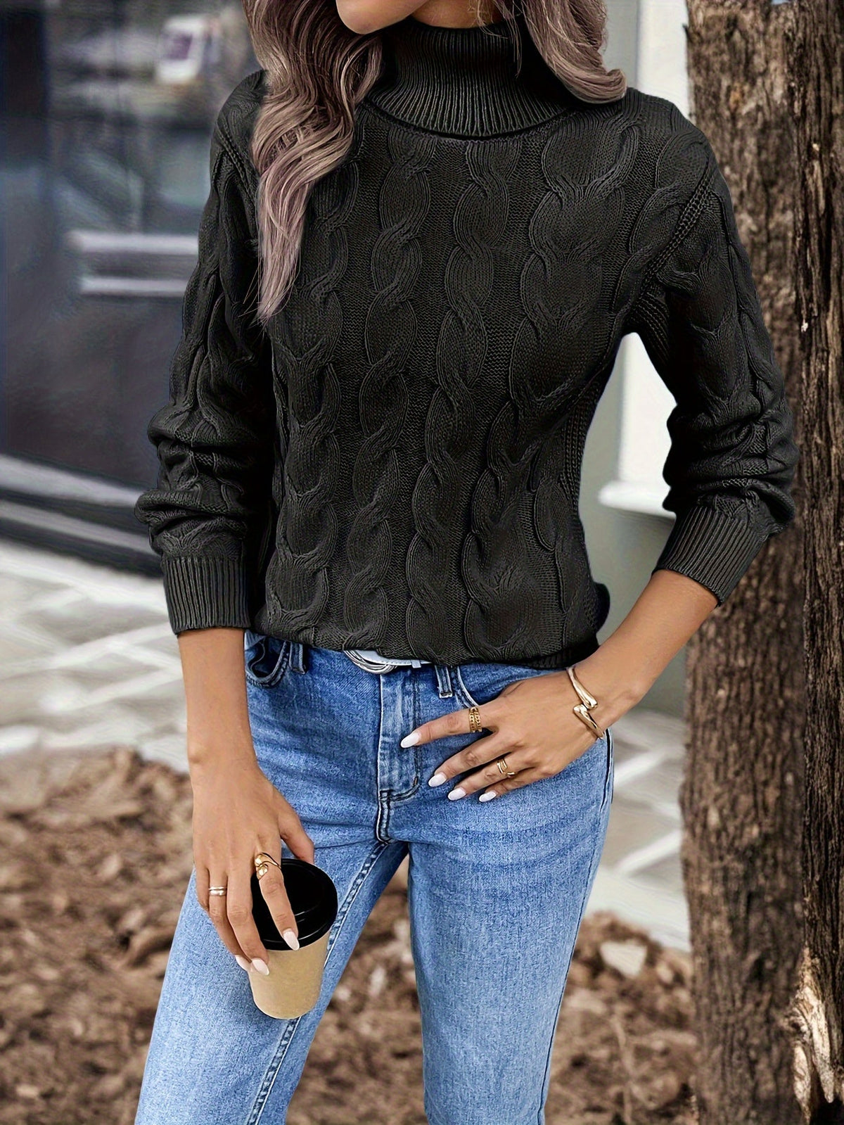 Women's Lightly Shaped Twisted Cable Roll Neck Jumper