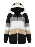 Women's Contrast-Stripe Teddy Fleece Jacket with Hood and Ribbed Hem - Black