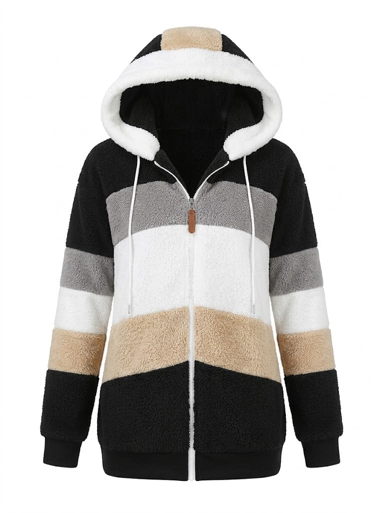 Women's Contrast-Stripe Teddy Fleece Jacket with Hood and Ribbed Hem - Black