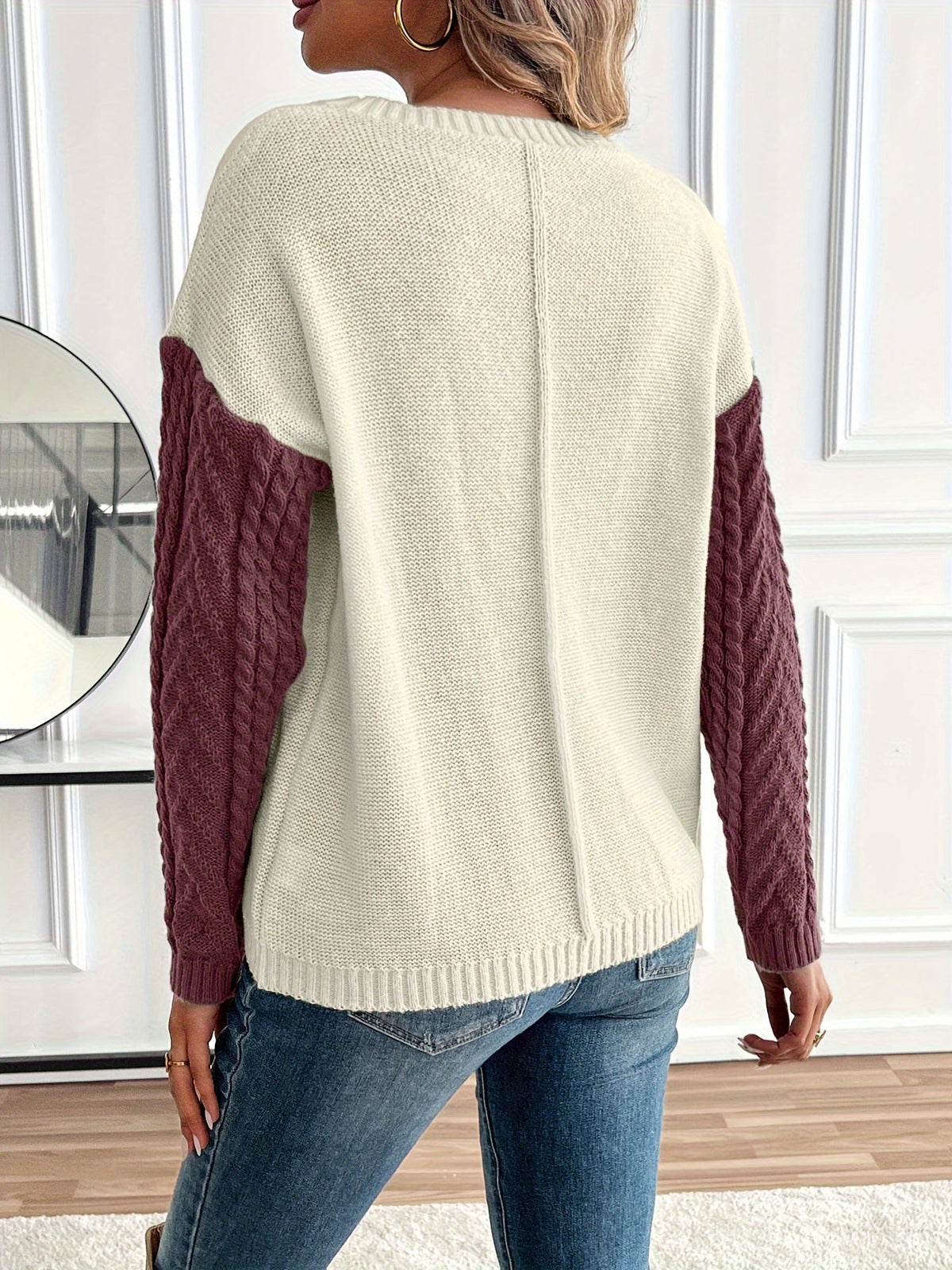 Women's Patch Pocket Cable-Knit Jumper with Two-Tone Panels