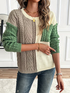 Women's Patch Pocket Cable-Knit Jumper with Two-Tone Panels