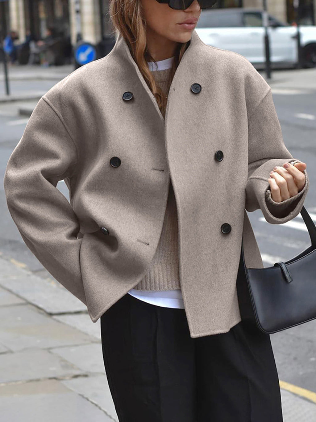 Women's Textured Double-Breasted Short Coat in an Oversized Shape - Taupe