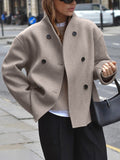Women's Textured Double-Breasted Short Coat in an Oversized Shape - Taupe