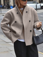 Women's Textured Double-Breasted Short Coat in an Oversized Shape - Taupe