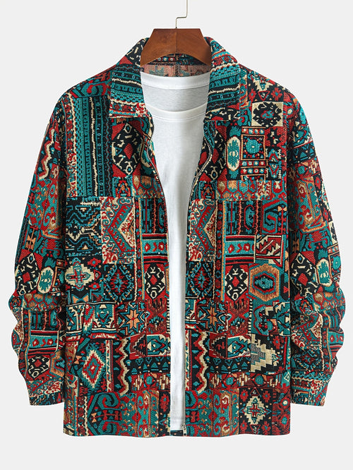Men's Intricate Woven-Pattern Jacket with Front Pockets