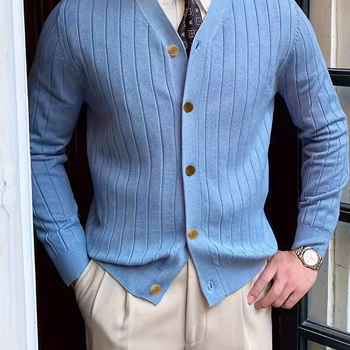 Men's Relaxed Knitted Cardigan with Button Front for Cool Evenings - Sky Blue