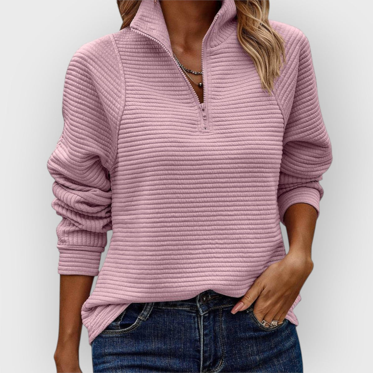 Women's Zipped V-Neck Knit Jumper for Work and Weekend - Light Pink