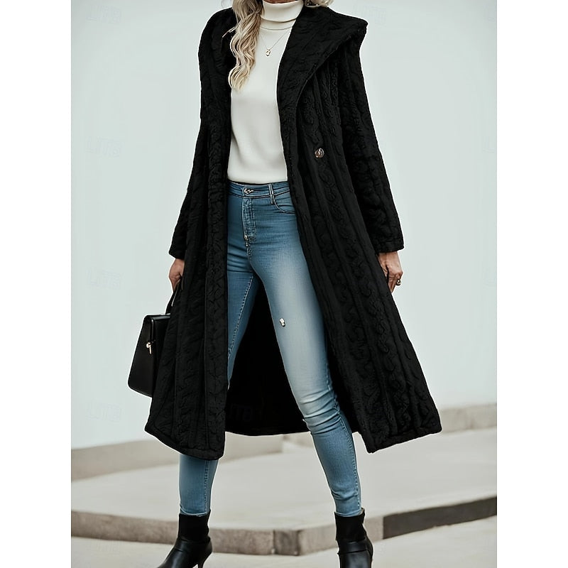 Women's Soft-Touch Longline Hooded Coat with Deep Pockets - Black