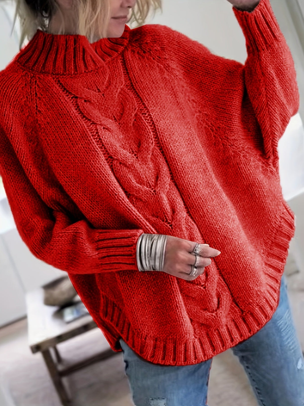 Women's Funnel Neck Thick-Knit Jumper with Cable Stitching