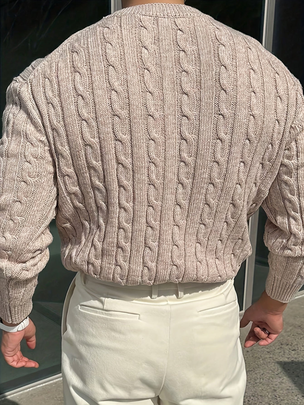 Men's Raised Cable Crew Neck Jumper for Office Layering
