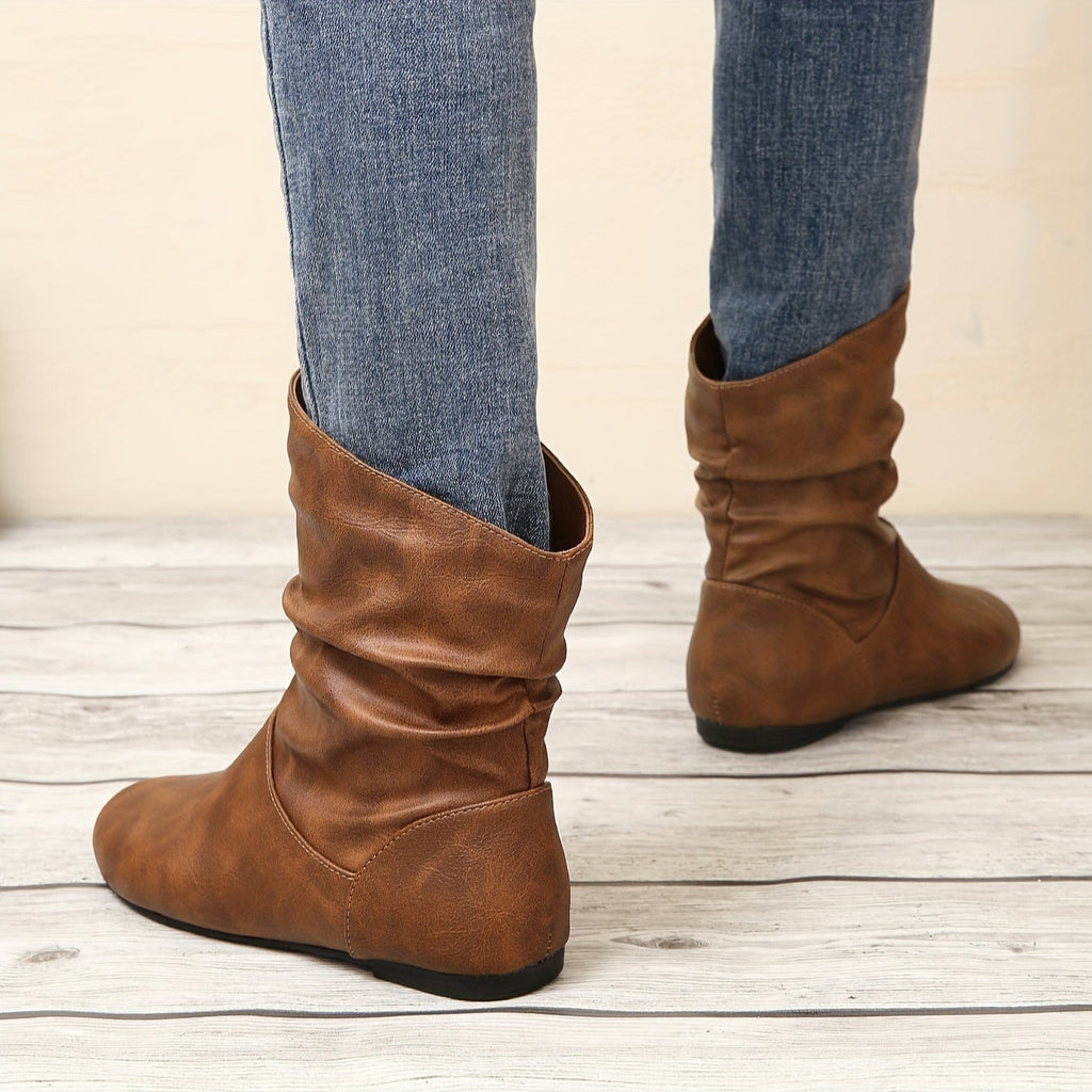 Women's Easy Pull-On Flat Boots with Soft Bunched Ankle - Light Brown