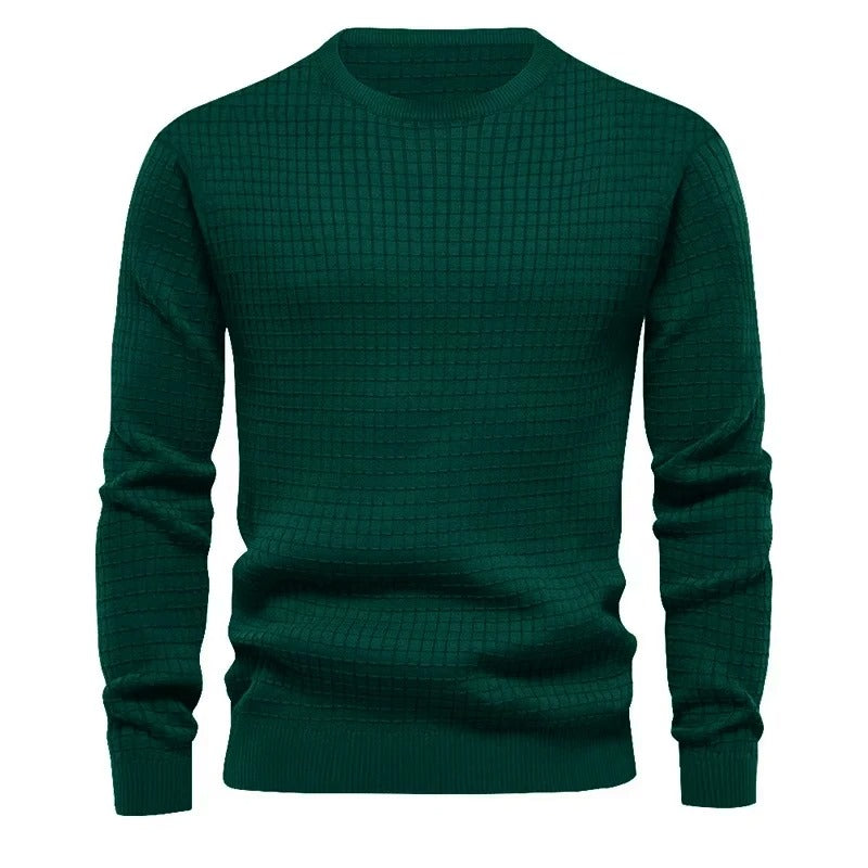 Men's Soft-Blend Waffle Knit Jumper with Elastic Cuffs - Dark Green