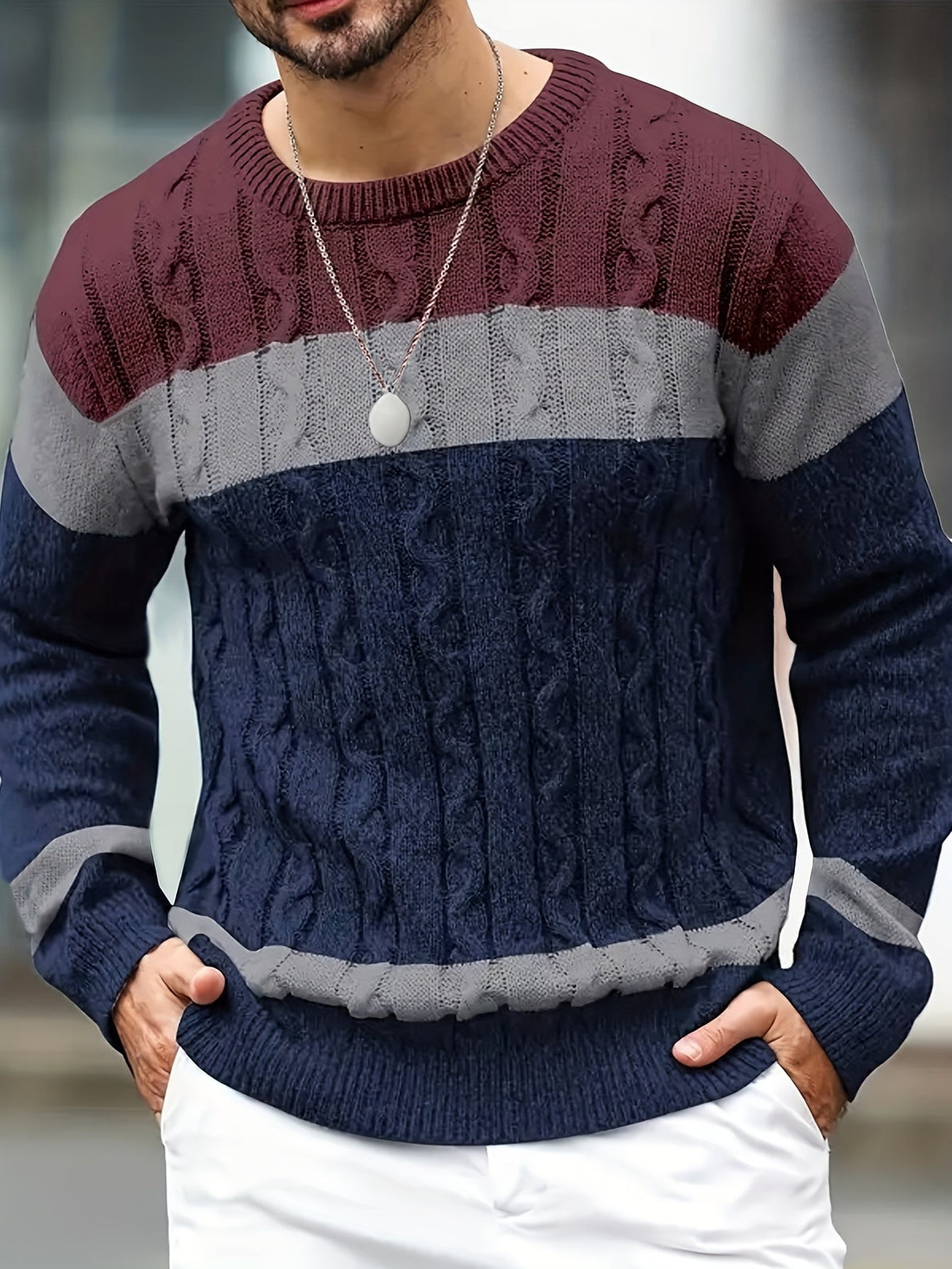 Men's Contrast-Panel Cable Knit Jumper