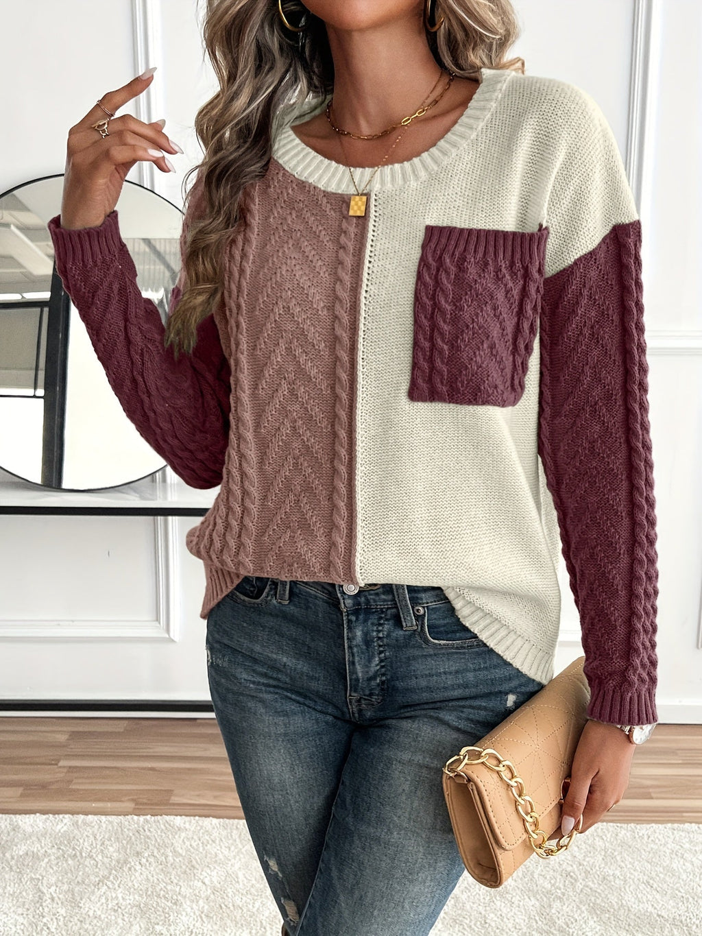 Women's Patch Pocket Cable-Knit Jumper with Two-Tone Panels