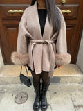 Women's Fur-Trim Cuff Wool Coat with Wide Shawl Collar and Tie Belt - Beige