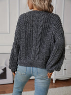 Women's Loose Chunky Knit Jumper with Braided Cables and V-Neck