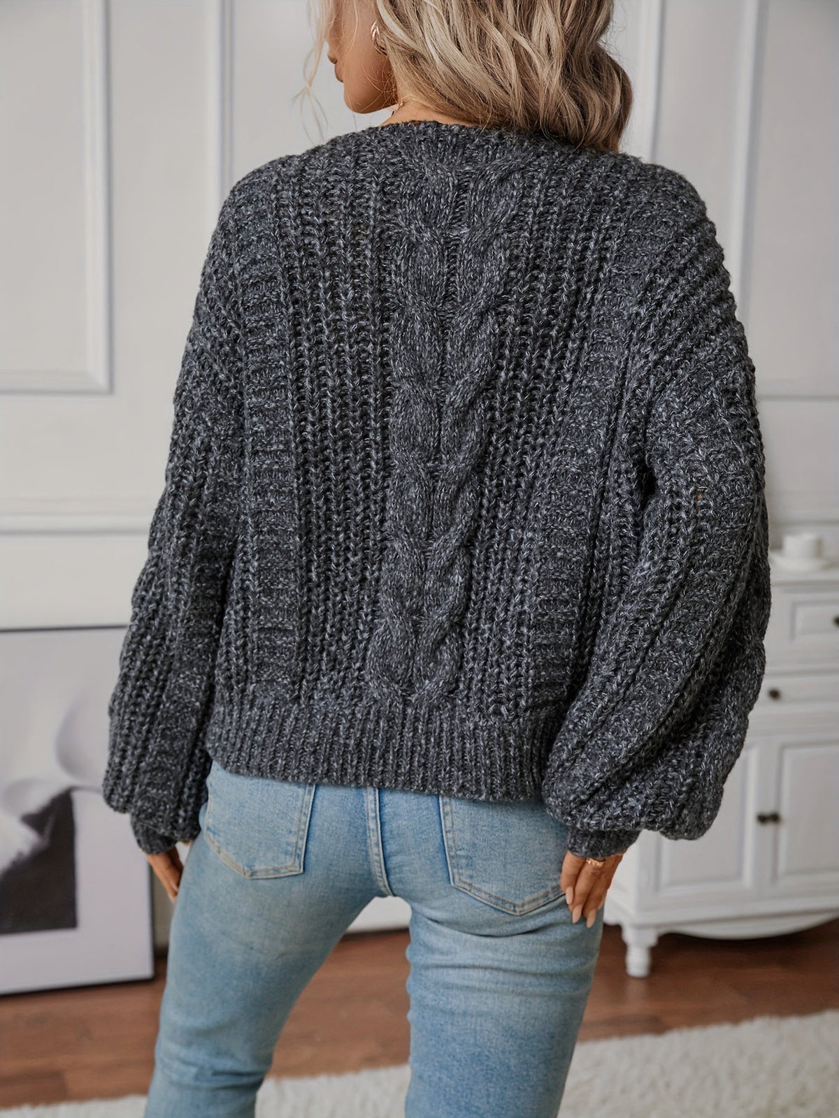 Women's Loose Chunky Knit Jumper with Braided Cables and V-Neck