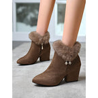 Women's Plush-Collar Pointed-Toe Boots with Side Zip
