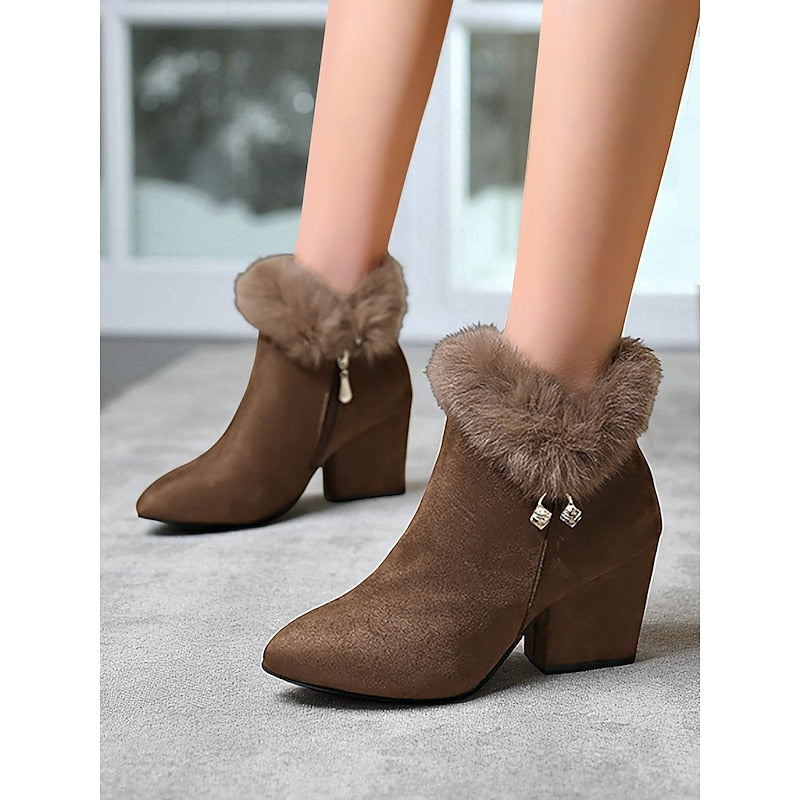 Women's Plush-Collar Pointed-Toe Boots with Side Zip