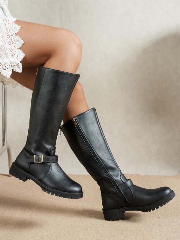 Women's Side-Zip Riding Boots with Ankle Buckle and Low Block Heel - Black