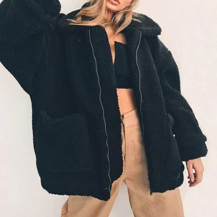 Women's Oversized Borg Zip-Up with Generous Collar and Patch Pockets - Black