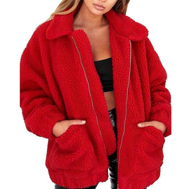 Women's Oversized Borg Zip-Up with Generous Collar and Patch Pockets - Red