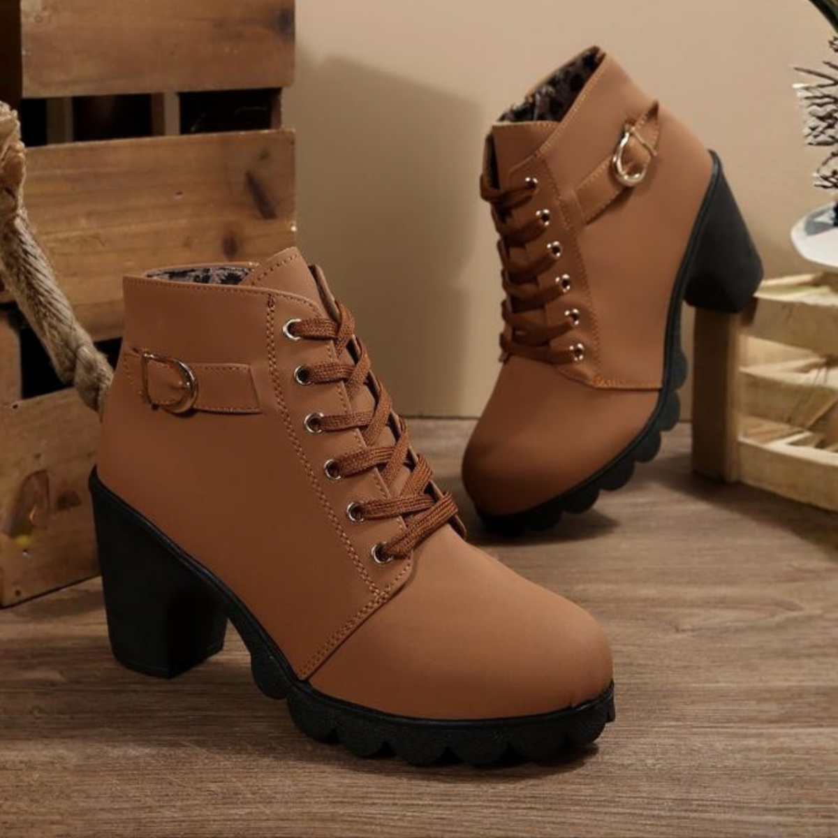 Women's Grip-Sole Lace-Up Ankle Boots with Chunky Heel and Buckle - Brown