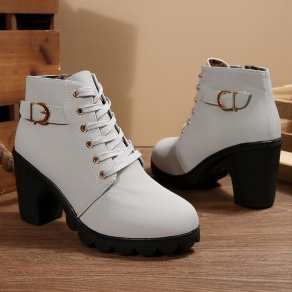 Women's Grip-Sole Lace-Up Ankle Boots with Chunky Heel and Buckle - White
