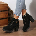 Women's Grip-Sole Lace-Up Ankle Boots with Chunky Heel and Buckle - Black