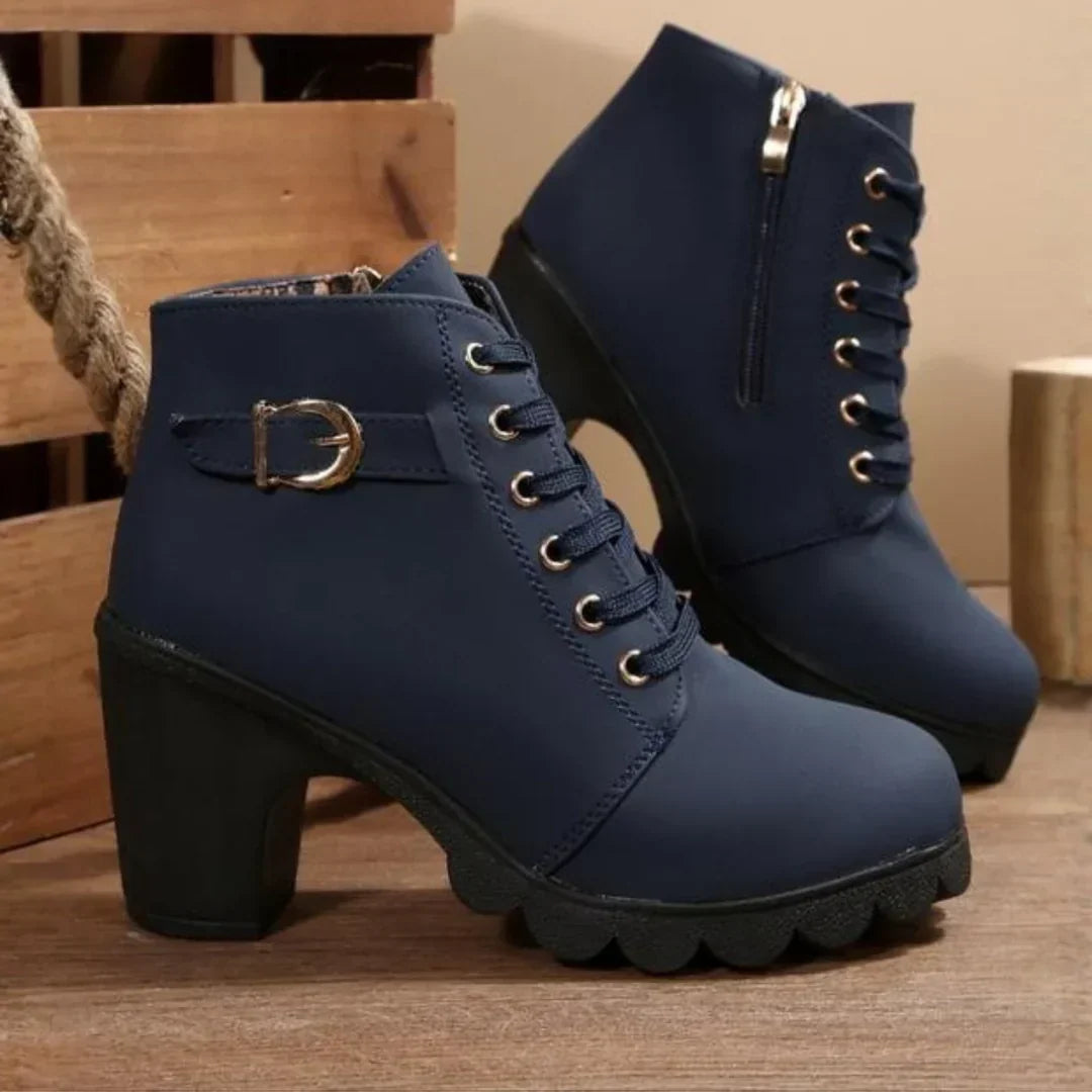 Women's Grip-Sole Lace-Up Ankle Boots with Chunky Heel and Buckle - Navy Blue
