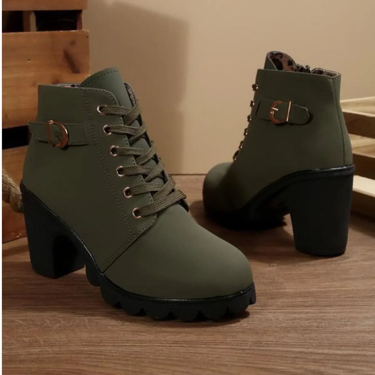 Women's Grip-Sole Lace-Up Ankle Boots with Chunky Heel and Buckle - Olive Green