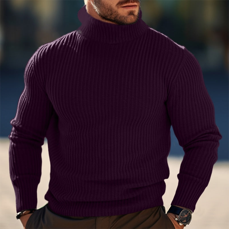 Men's Slim Vertical-Rib Roll Neck Pullover