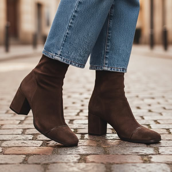 Women's Faux Suede Mid Block Heel Boots with Topstitched Toe